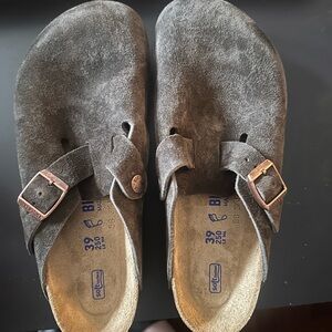 Birkenstock Men’s Dark Brown Suede Two-Strap Slip-On Sandals